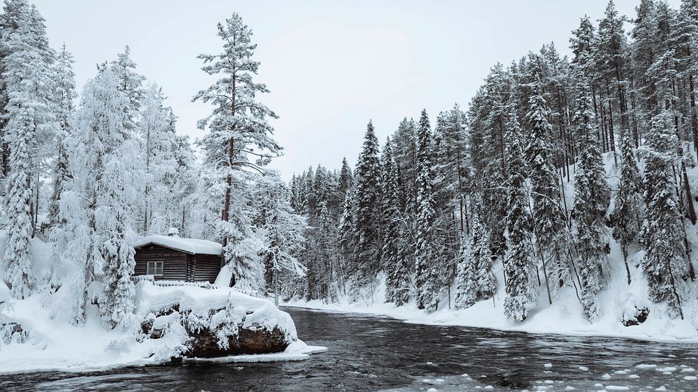 Landscape desktop wallpaper background, Snow-covered hut by river in the Oulanka National Park, Finland