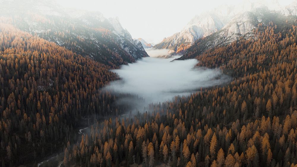 Nature desktop wallpaper background, misty Dolomites during autumn