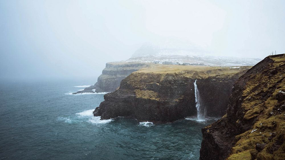 Landscape desktop wallpaper background, M&uacute;lafossur waterfall in the Faroe Islands