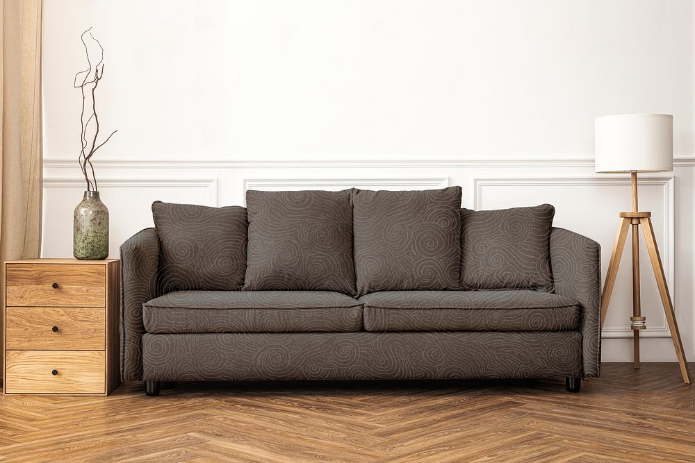 Brown sofa in Scandinavian designed living room home interior