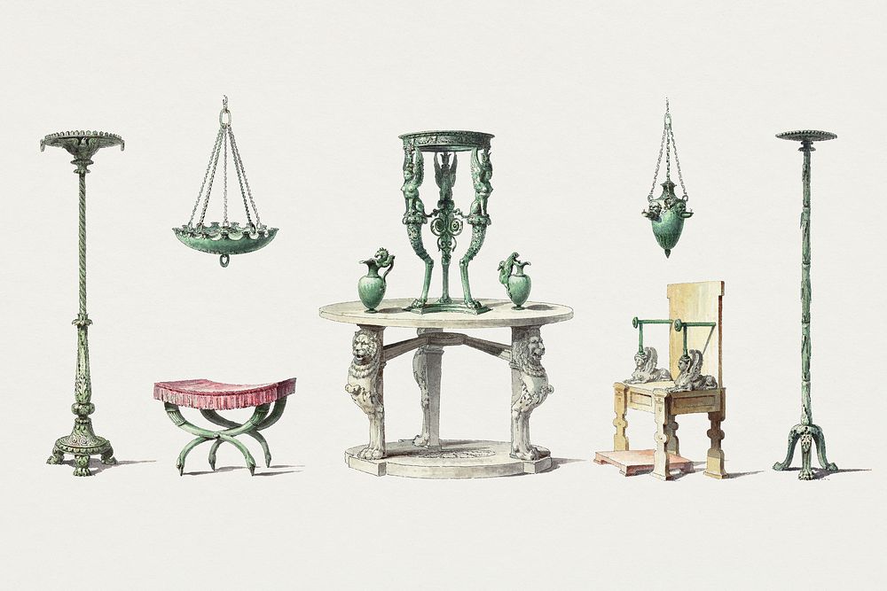 Antique furniture, vintage hand drawn object design element psd