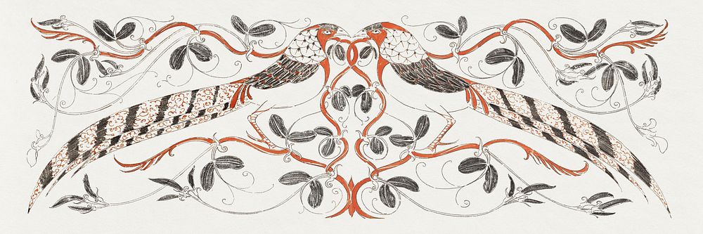 Vintage pheasants psd on botanical background, remixed from artworks by Gerrit Willem Dijsselhof