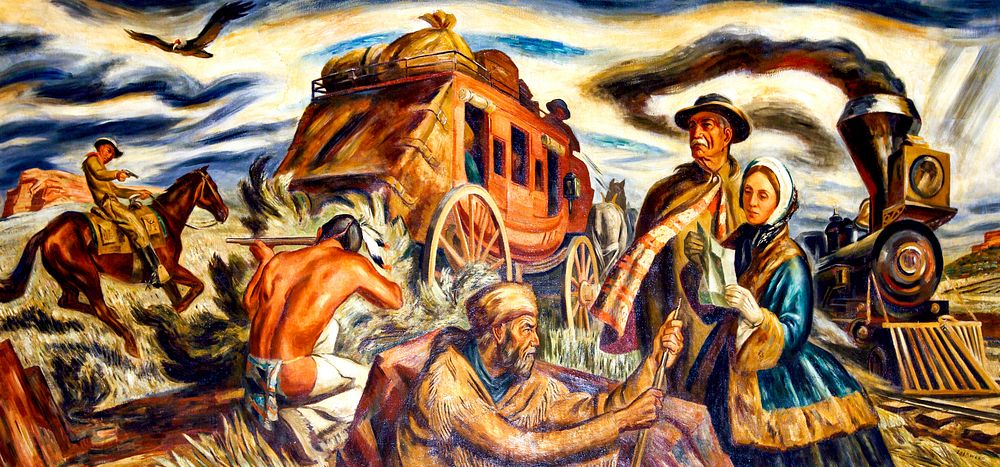 Pioneers in Kansas oil painting at U.S. Courthouse in Wichita, Kansas. Original image from Carol M. Highsmith&rsquo;s…