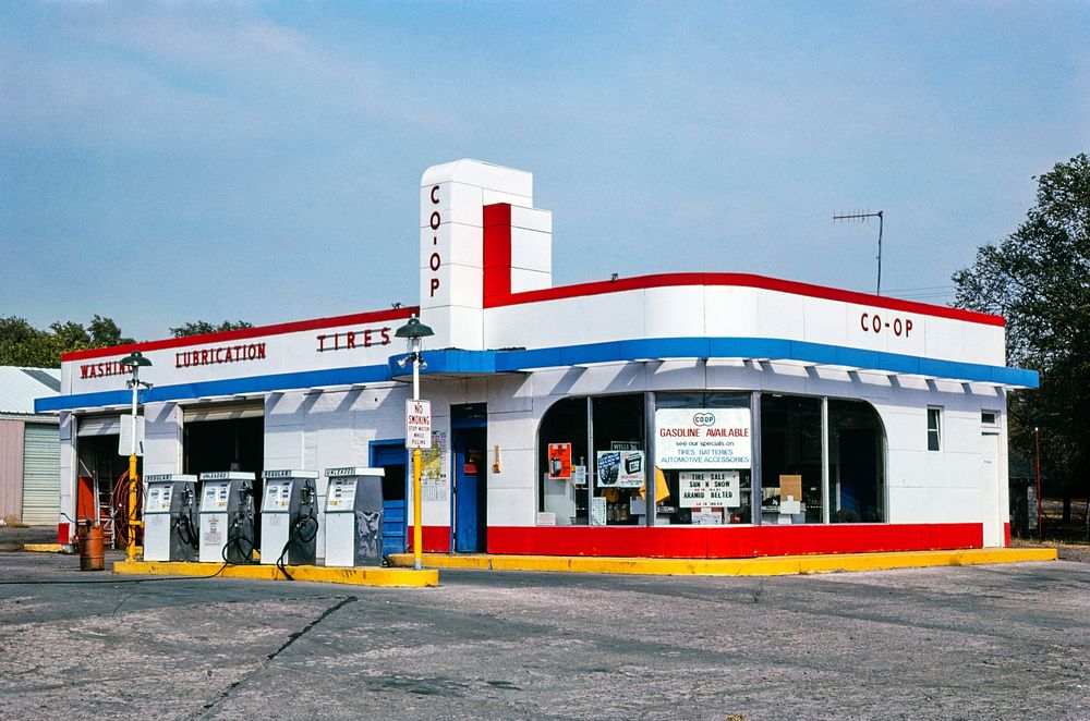 Co-Op gas station, Cimarron, Kansas (1979) photography in high resolution by John Margolies. Original from the Library of…