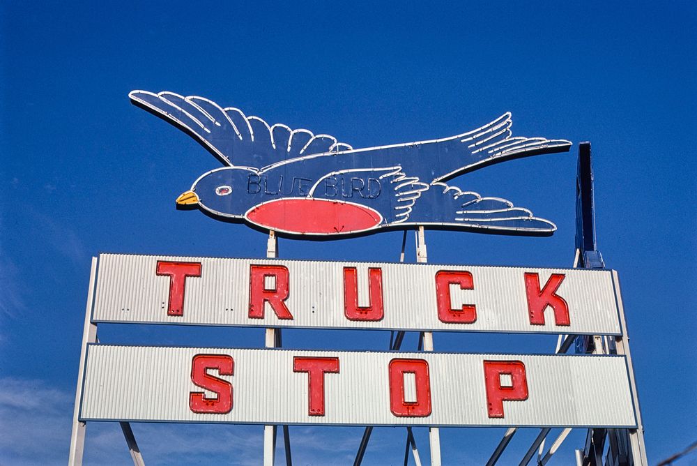 Blue Bird Truck Stop sign, Pryor Street, Atlanta, Georgia (1984) photography in high resolution by John Margolies. Original…