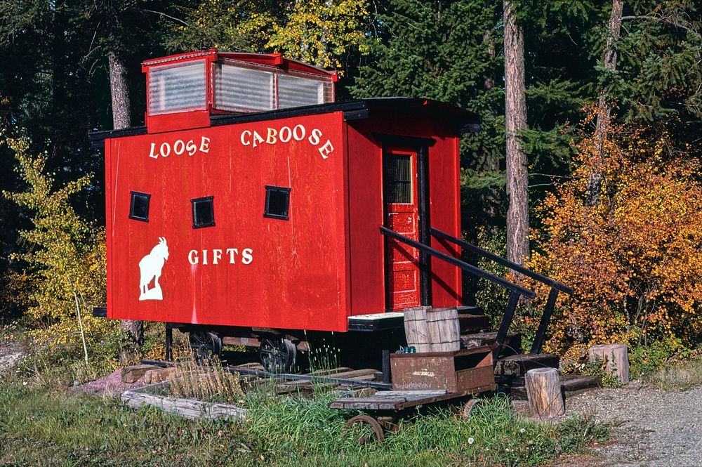 Caboose and Loose Caboose Gift Shop, Loose Caboose detail, Route 93, Whitefish, Montana (1987) photography in high…
