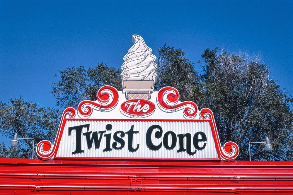 Twist Cone ice cream sign, Route 281, Aberdeen, South Dakota (1987) photography in high resolution by John Margolies.…