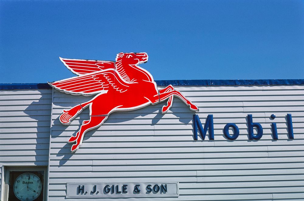 Gile & Son Mobil Gasoline sign, Main Street, Delhi, New York (1976) photography in high resolution by John Margolies.…