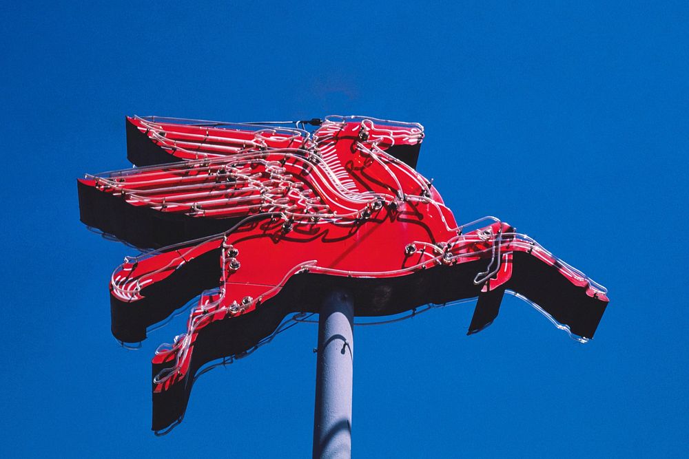 Mobil flying red horse, Rt. 287, Corsicana, Texas (1982) photography in high resolution by John Margolies. Original from the…