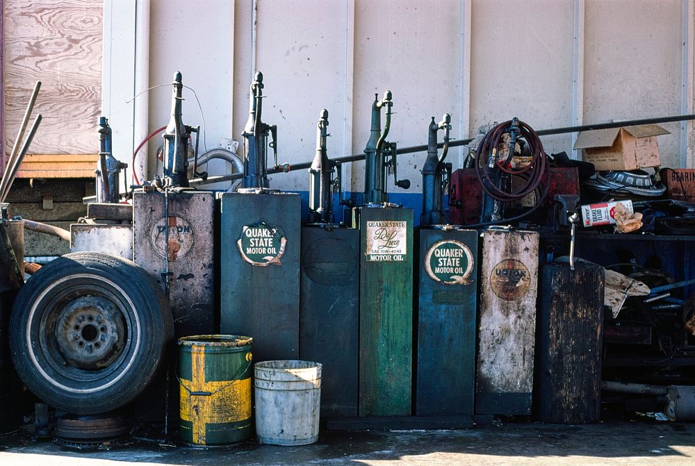 Old oil dispensers, Union Oil, Sawtelle near Mississippi, West Los Angeles, California (1977) photography in high resolution…