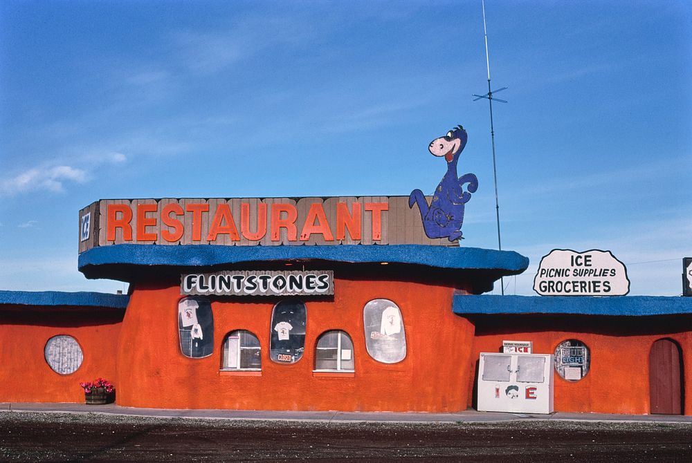 Restaurant detail, Bedrock City, Rts. 64 and 180, Valle, Arizona (1987) photography in high resolution by John Margolies.…