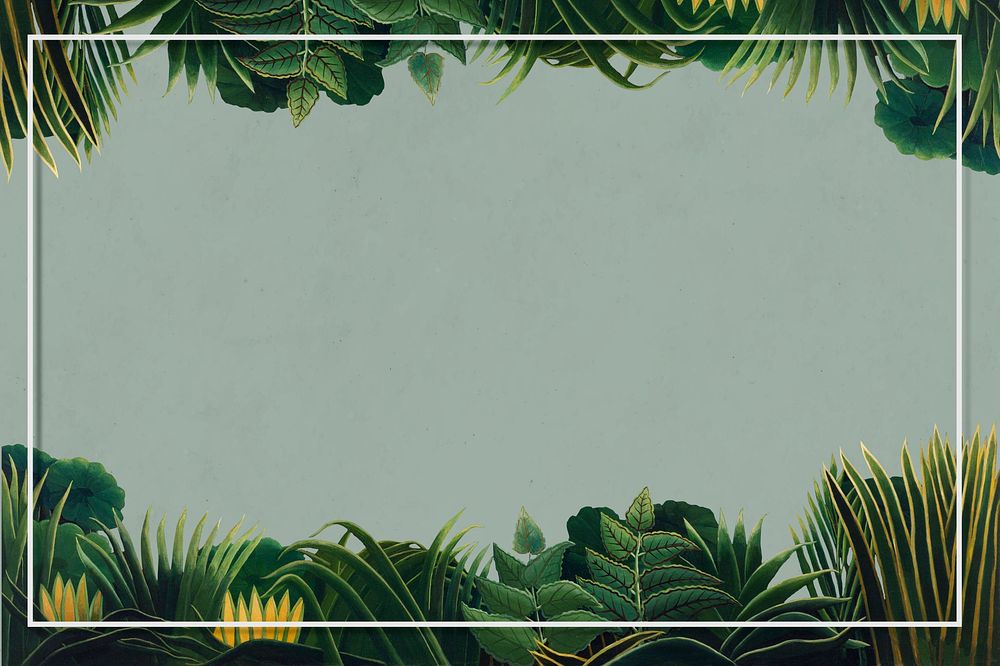 Exotic leaves frame famous painting, remixed from artworks by Henri Rousseau