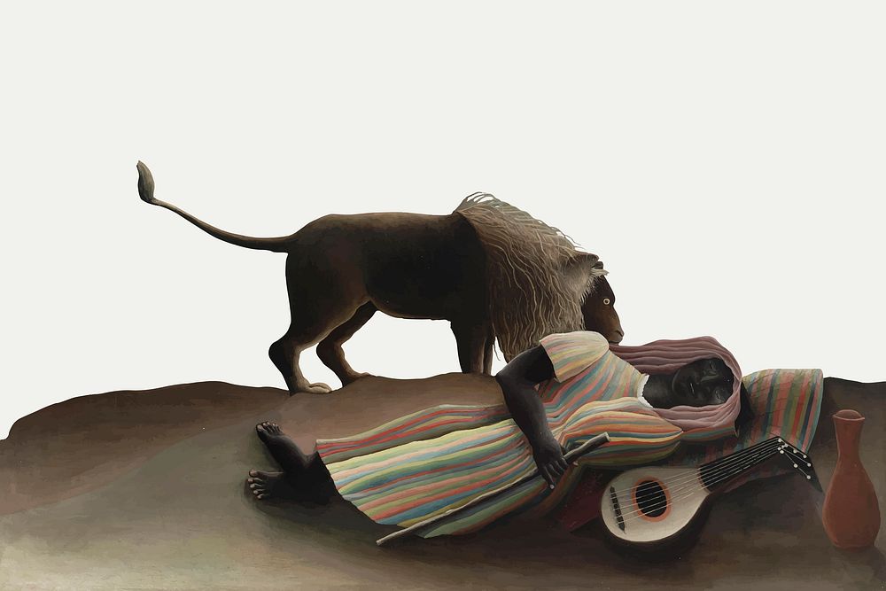 Border vector famous painting, lion and sleeping Gypsy, remixed from artworks by Henri Rousseau