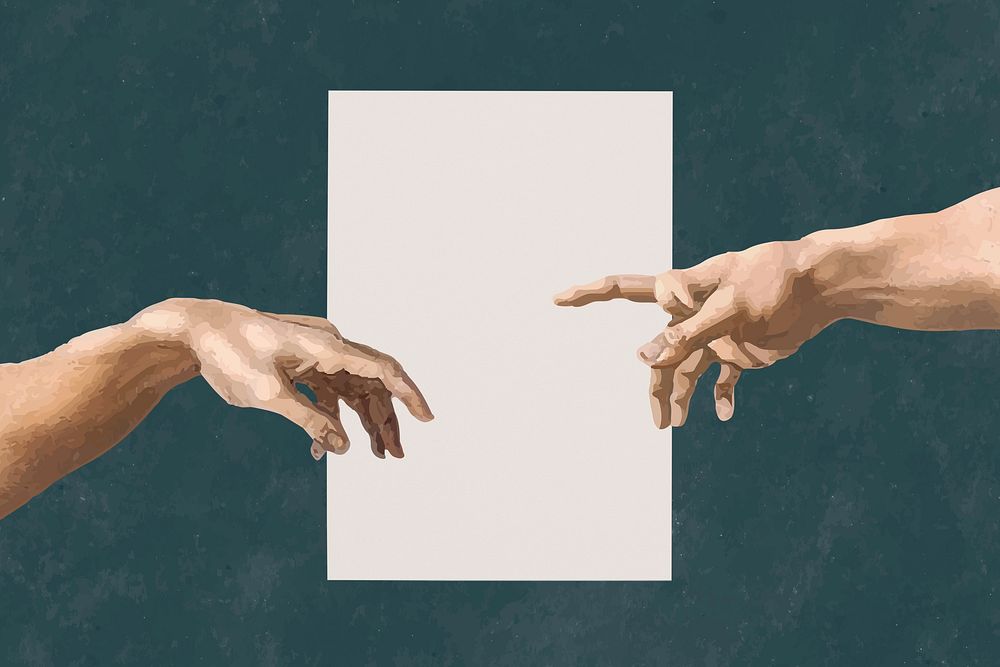Blank poster, hands of god and Adam, remixed from artworks by Michelangelo Buonarroti
