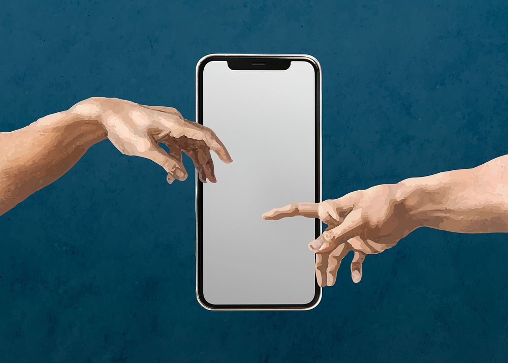 Smartphone blank screen, hands of god and Adam, remixed from artworks by Michelangelo Buonarroti