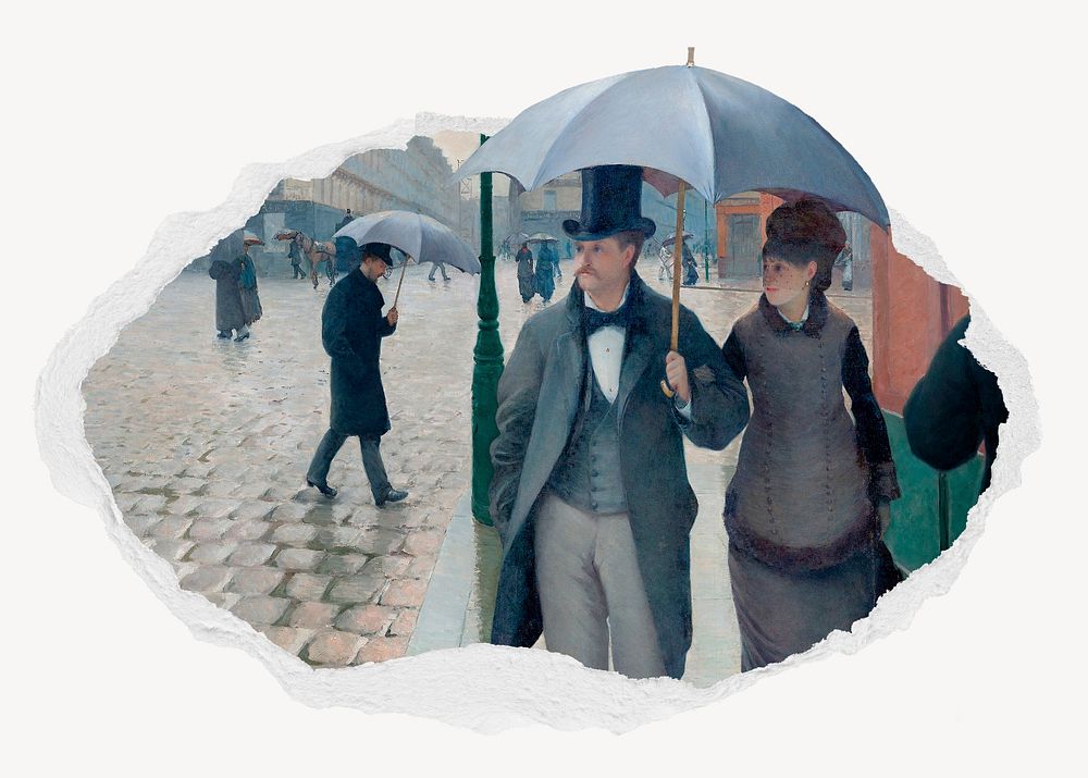 Paris Street Rainy Day ripped paper badge, famous painting by Gustave Caillebotte remixed by rawpixel