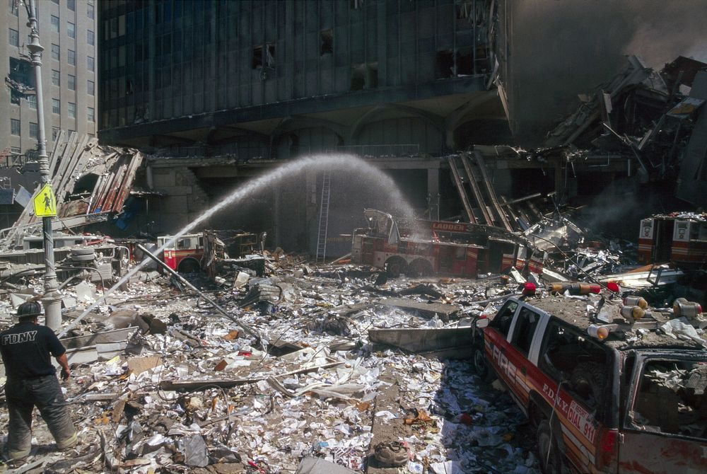 Rescue operations ceasing the fire during the aftermath of the September 11 terrorist attack on the World Trade Center, New…