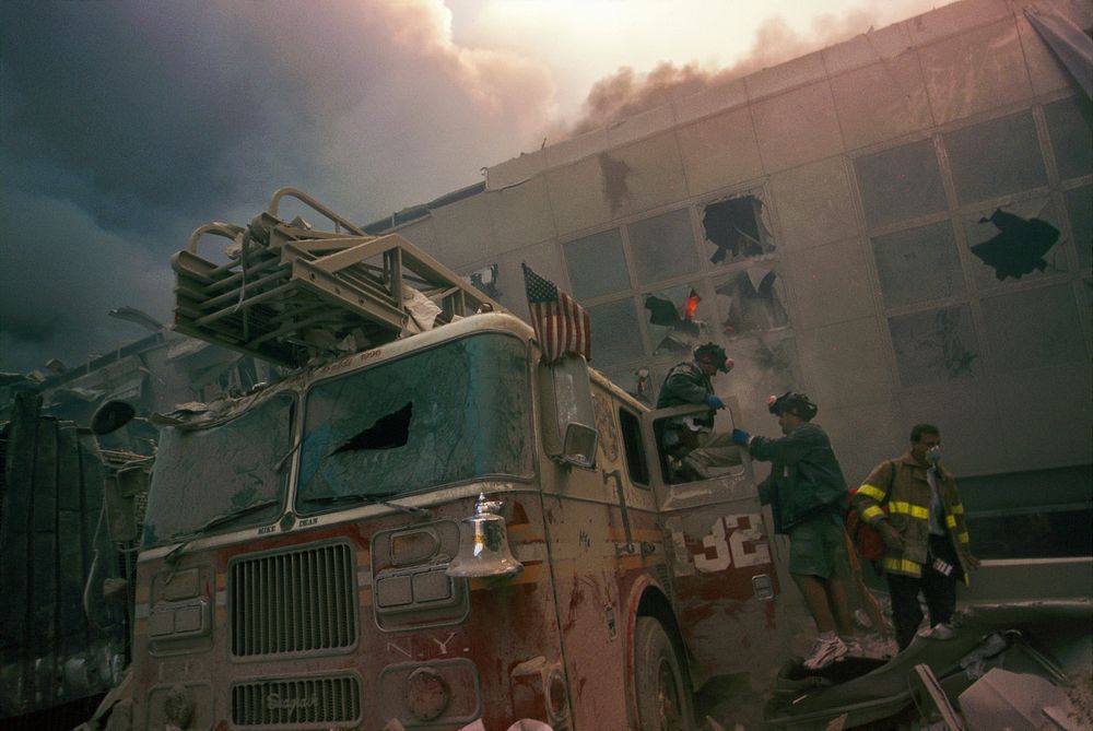 Rescue operations and rescue truck during the aftermath of the September 11 terrorist attack on the World Trade Center, New…
