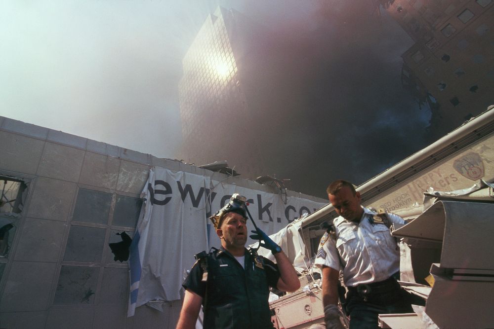 Rescue officers during the aftermath of the September 11 terrorist attack on the World Trade Center, New York City. Courtesy…