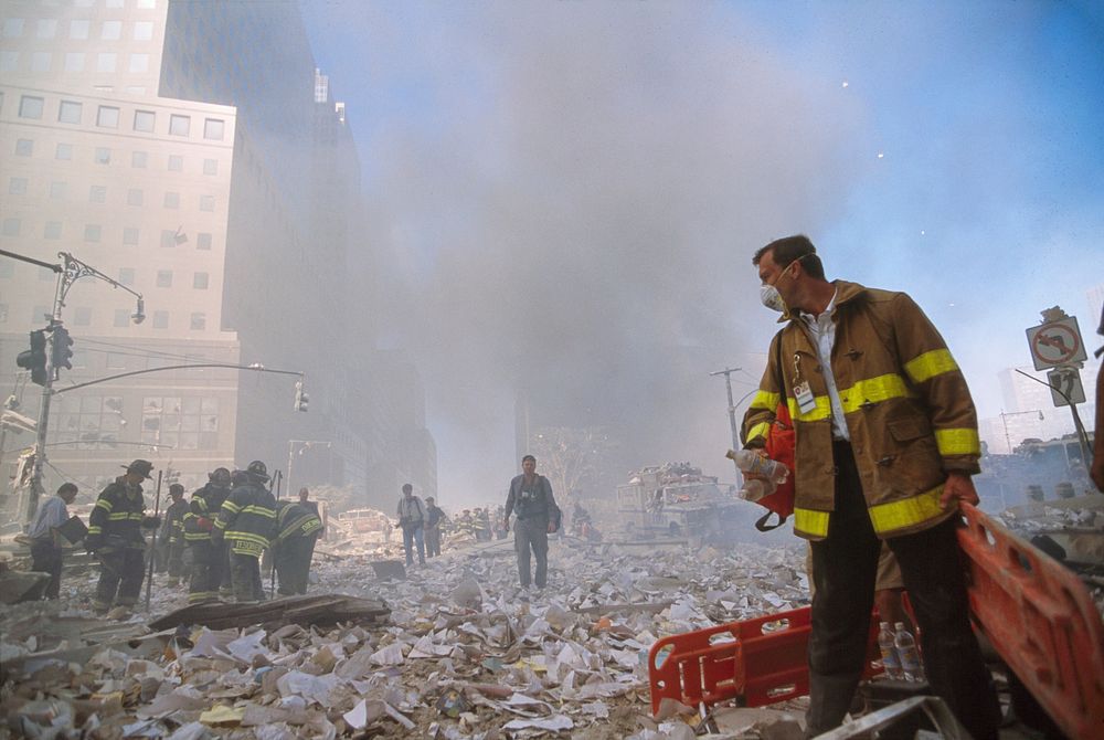 Rescue officers wearing N95 mask during the aftermath of the September 11 terrorist attack on the World Trade Center, New…