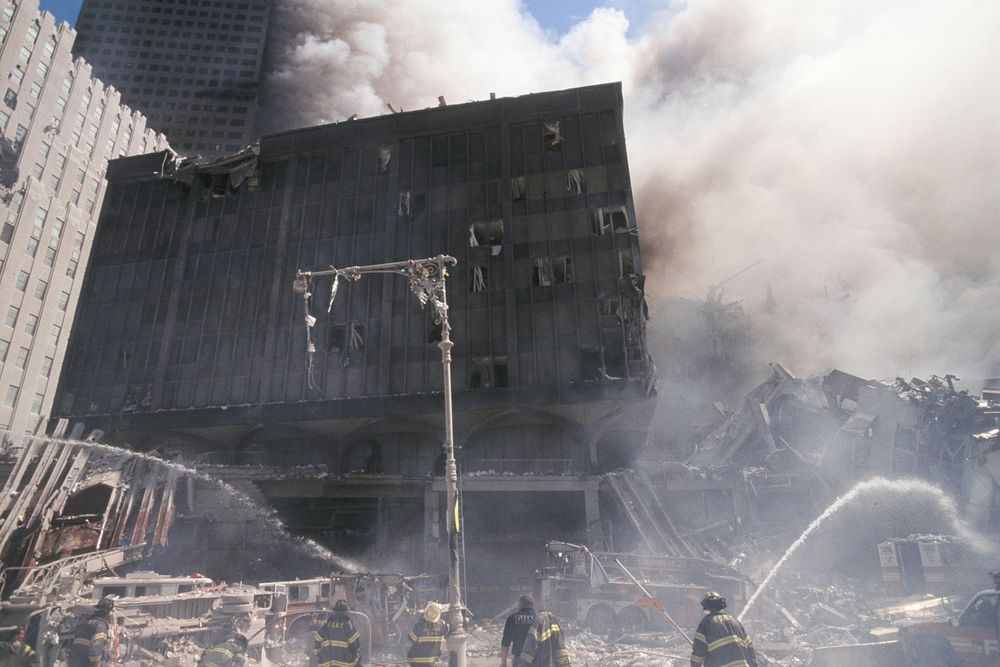 Smoke and debris in the air while rescue operations are being carried out during the September 11 terrorist attack on the…