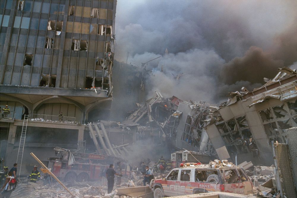 Collapsed buildings in the World Financial Center during the September 11 terrorist attack on the World Trade Center, New…