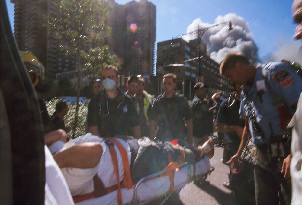 Casualty transported by a stretcher during the September 11 terrorist attack on the World Trade Center, New York City.…