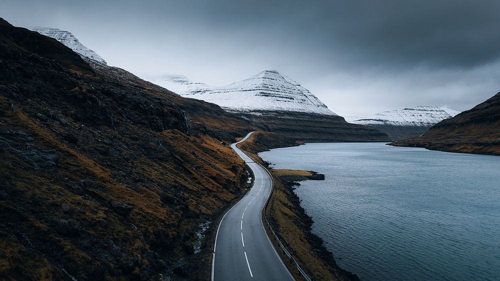 Nature desktop wallpaper background, freeway by the lake on Faroe Islands