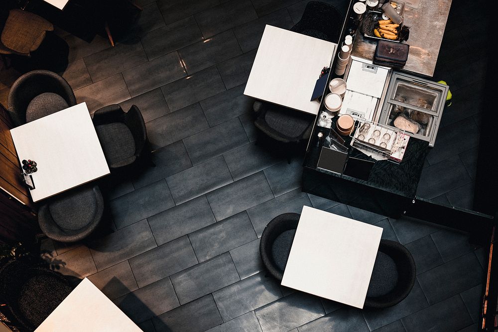Empty minimal style restaurant aerial view