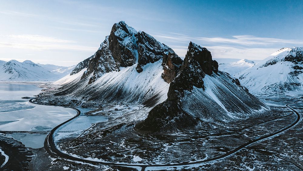 Landscape desktop wallpaper background, snow covered Eystrahorn mountain in Iceland