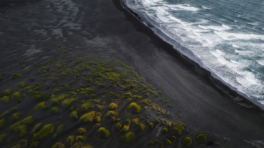 Nature desktop wallpaper background, black sand beach in Icelandic coast