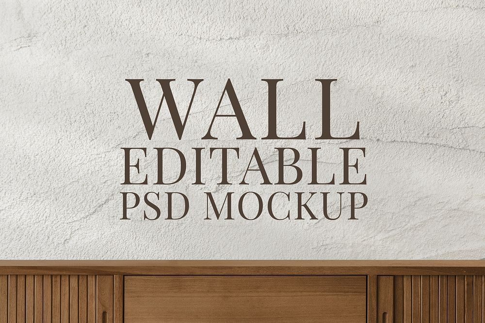 Textured wall mockup psd with wooden cabinet