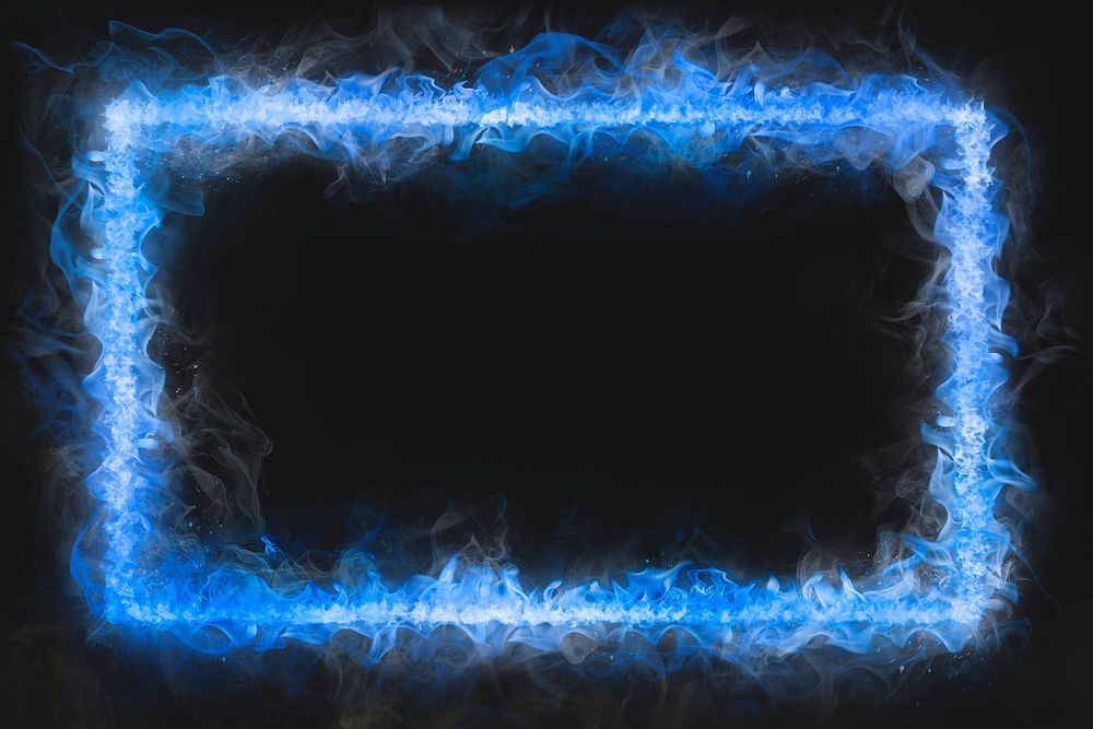 Flame frame, blue rectangle shape, realistic burning fire psd