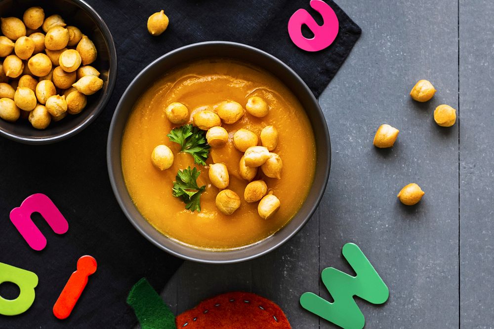Pumpkin soup, pea puffs, healthy food for kids