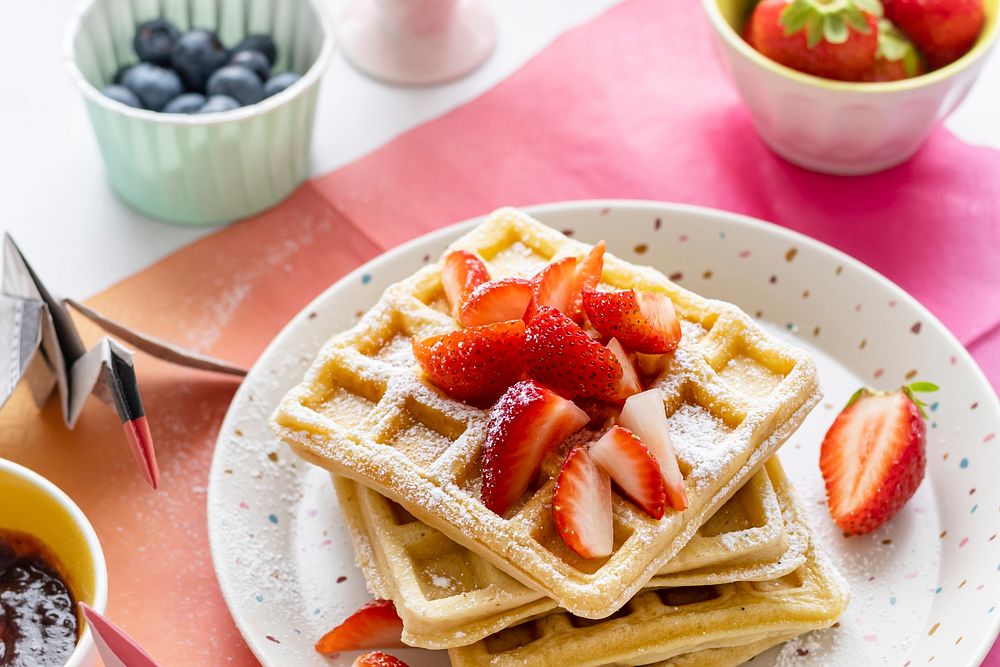 Homemade strawberry waffle breakfast, for kids