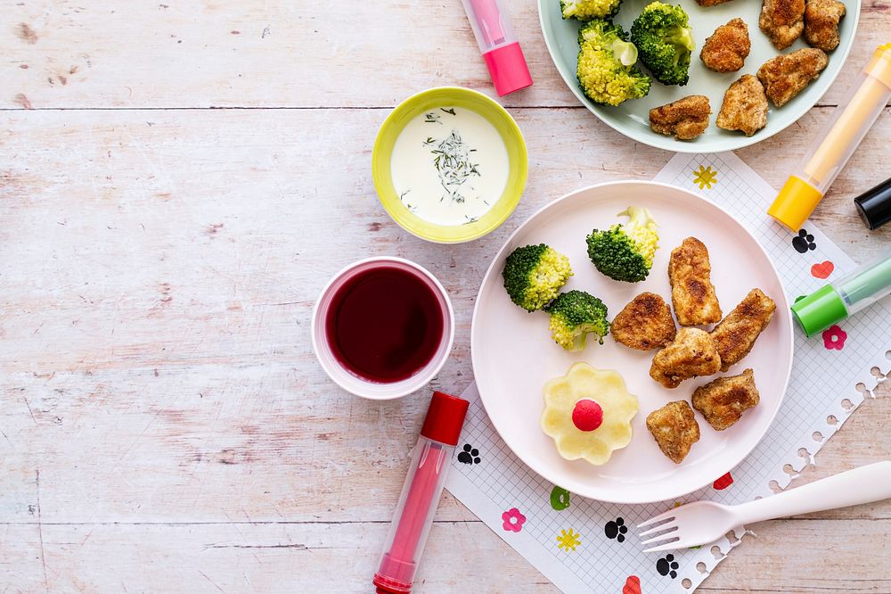 Kids food background, chicken nuggets and broccoli