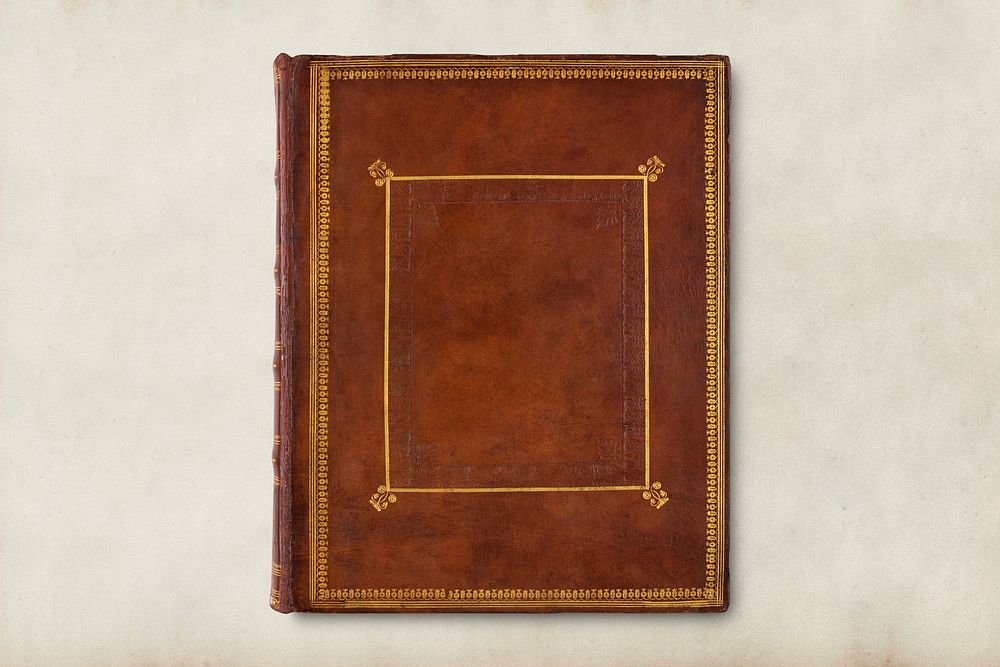 Antique book cover, brown leather with gold details