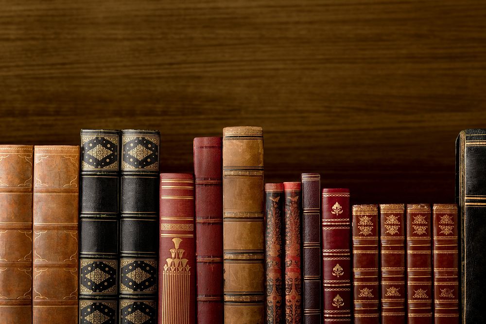 Antique books on wooden shelf, vintage background
