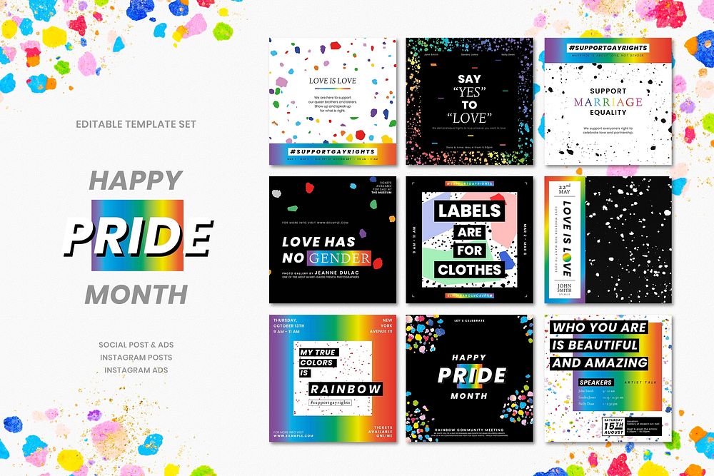 LGBTQ pride month template vector set with wax melted crayon art