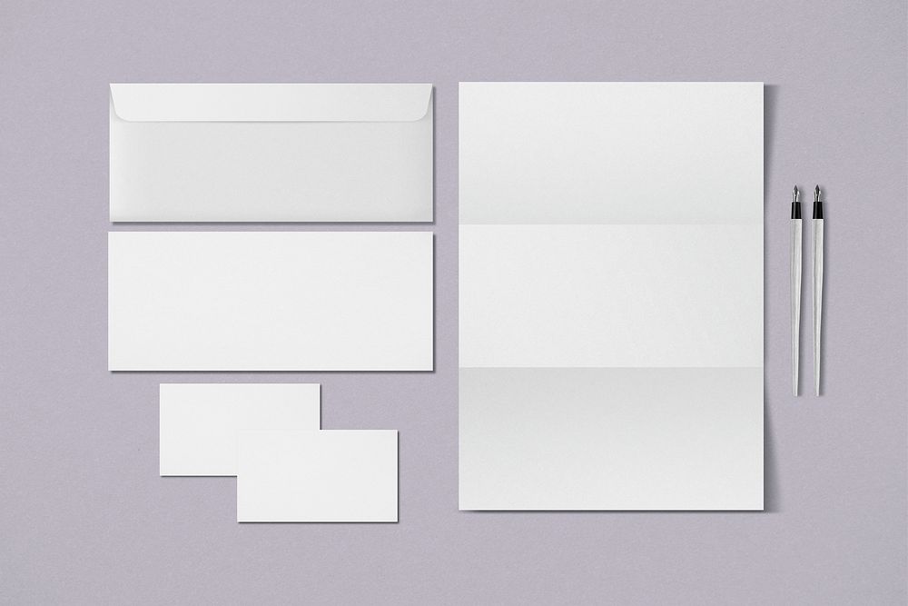 Stationery set png with envelopes, business cards, pens, and letter paper