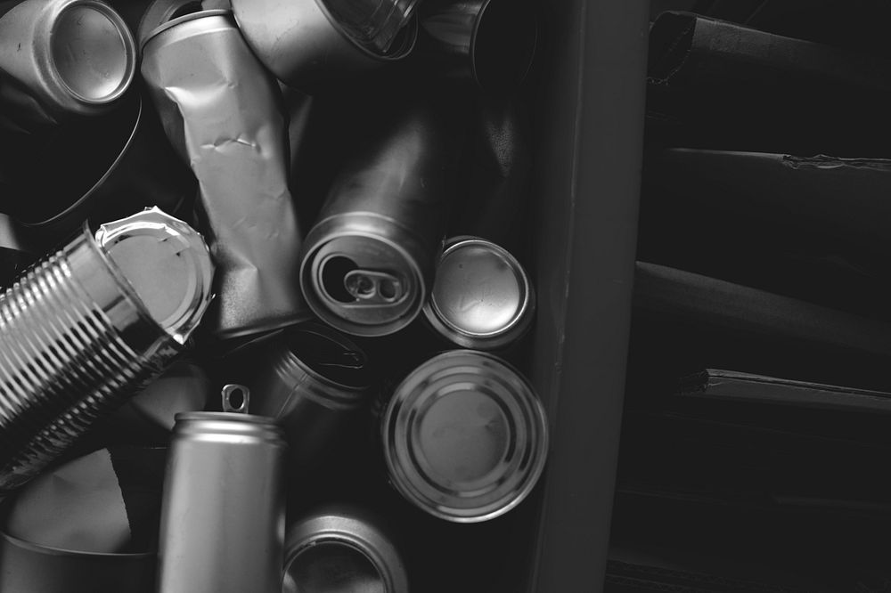 Used cans black and white recycling campaign photography