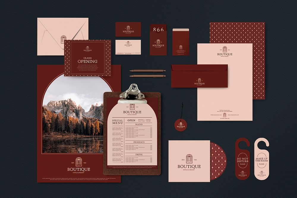 Corporate identity editable template vector set for restaurant in muted red tone