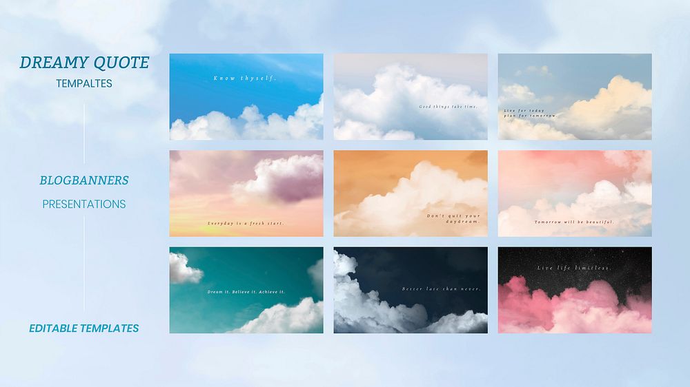 Sky and clouds vector presentation template with dreamy quote set