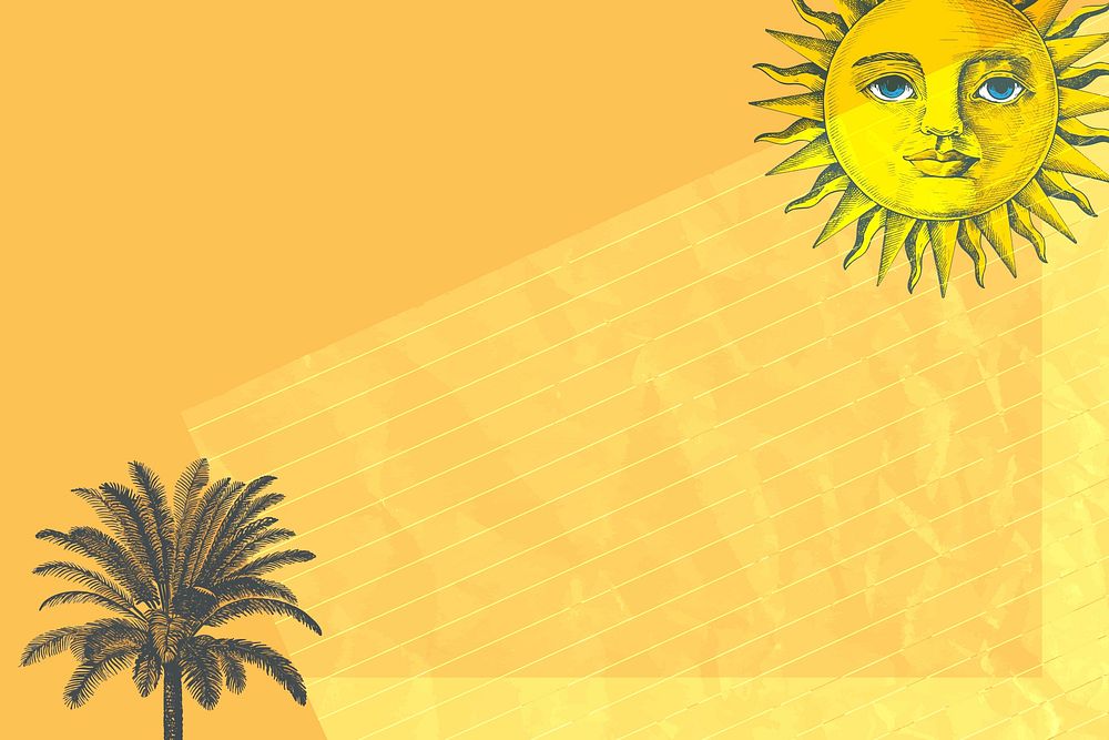 Tropical background vector with sun and palm tree mixed media, remixed from public domain artworks