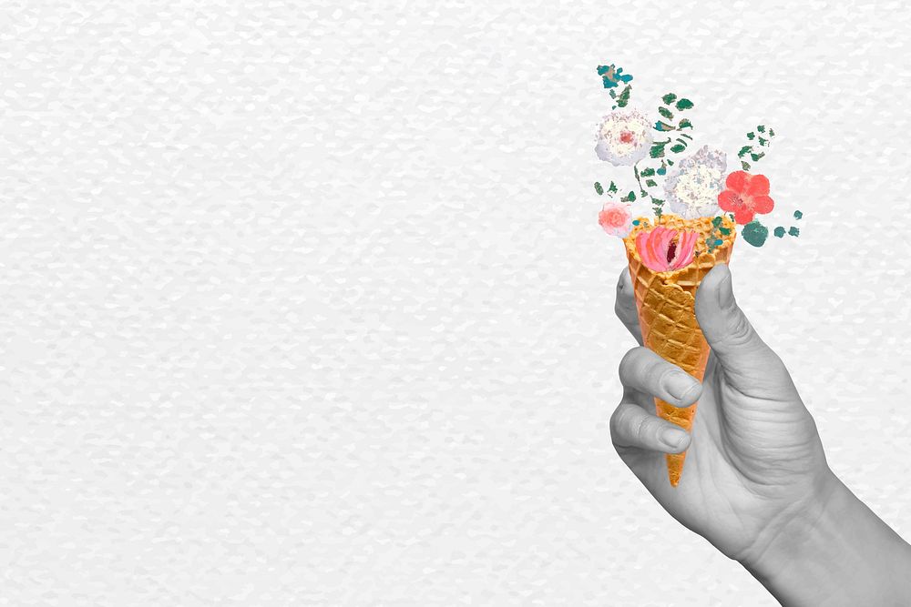 Floral cone background vector in hand, remixed from artworks by Pierre-Joseph Redout&eacute;