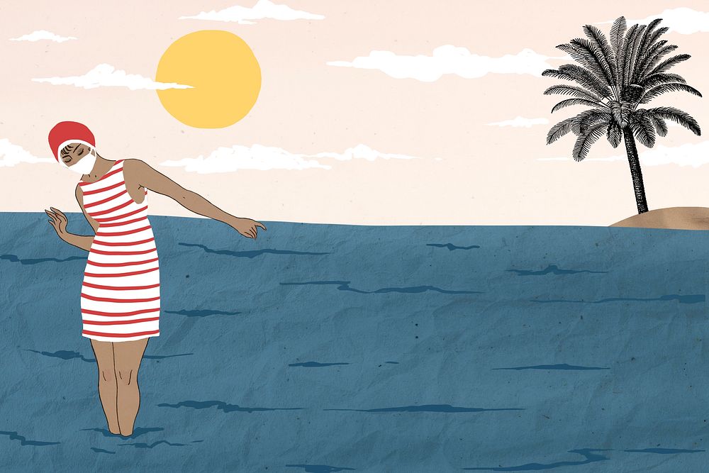 Summer background vector with woman enjoying at the sea, remixed from artworks by George Barbier