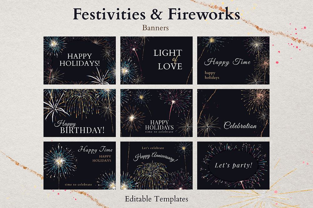 Shiny fireworks templates vector with editable text set ad compatible with AI