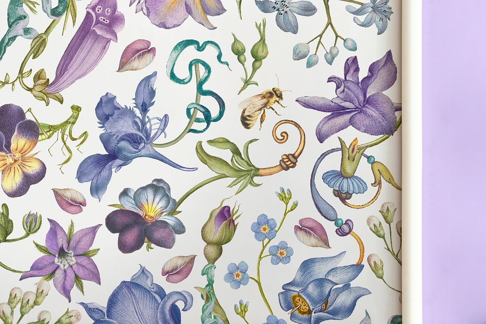Beautiful purple floral pattern wrapping paper in vintage style, remixed from artworks by Pierre-Joseph Redout&eacute;