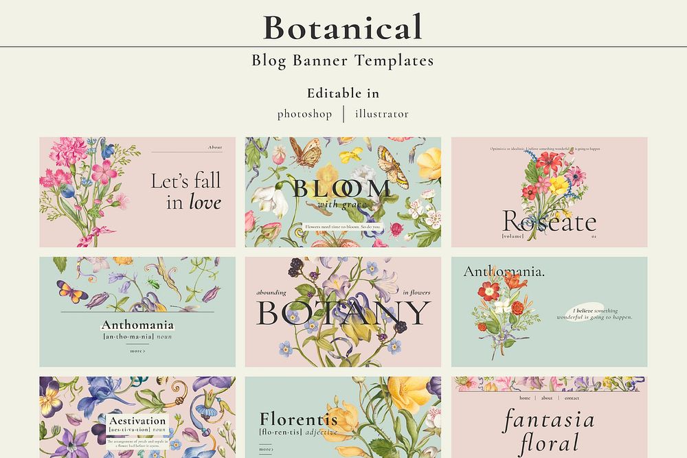 Editable aesthetic floral template vector blog banner set