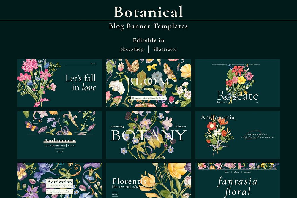 Editable aesthetic floral template vector blog banner set